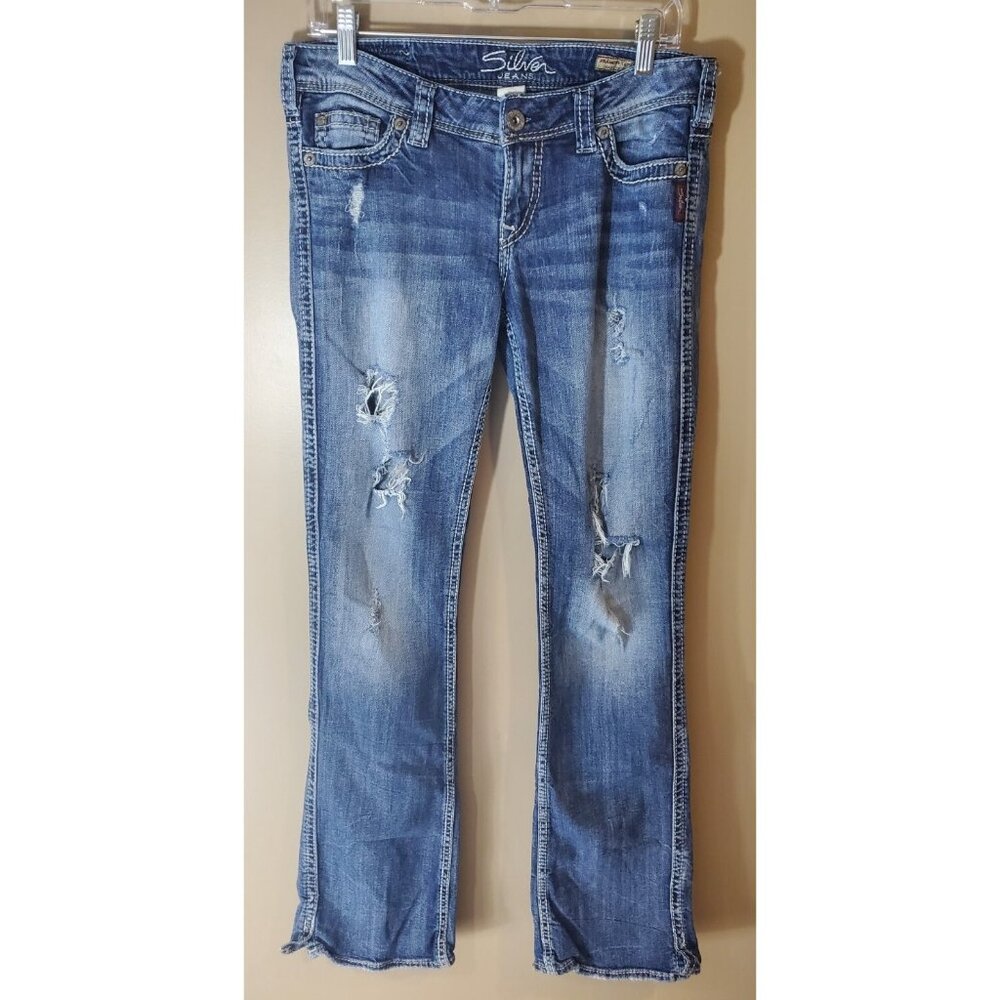 Silver Francis 18" Bootcut Distressed Medium Wash Blue Jeans Sz 29x33 Thrashed